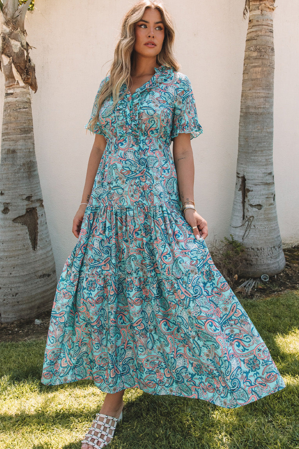 Himmelblaues paisley print boho holiday ruffle tiered maxi dress