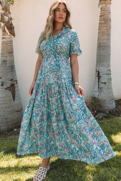 Himmelblaues paisley print boho holiday ruffle tiered maxi dress