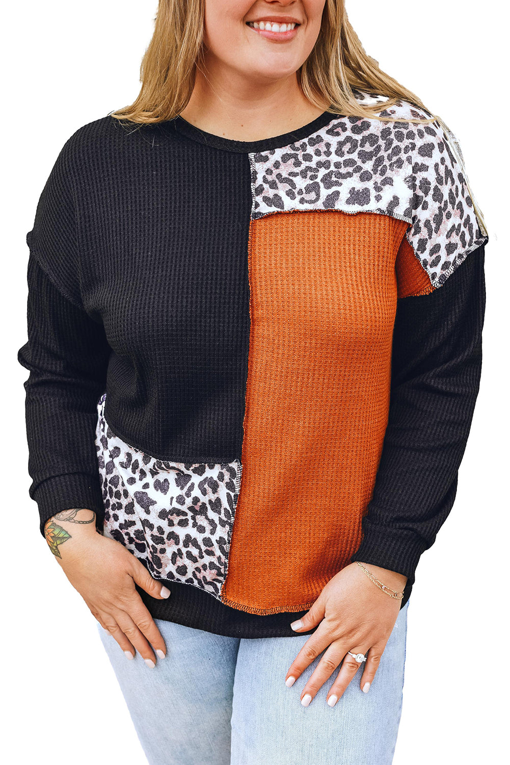 Schwarz orange colorblock leopard patchwork waffel stricken plus größe top