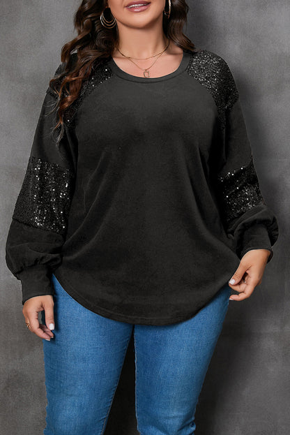 Schwarzes plus size pailletten patchwork rundhalsausschnitt langarm top