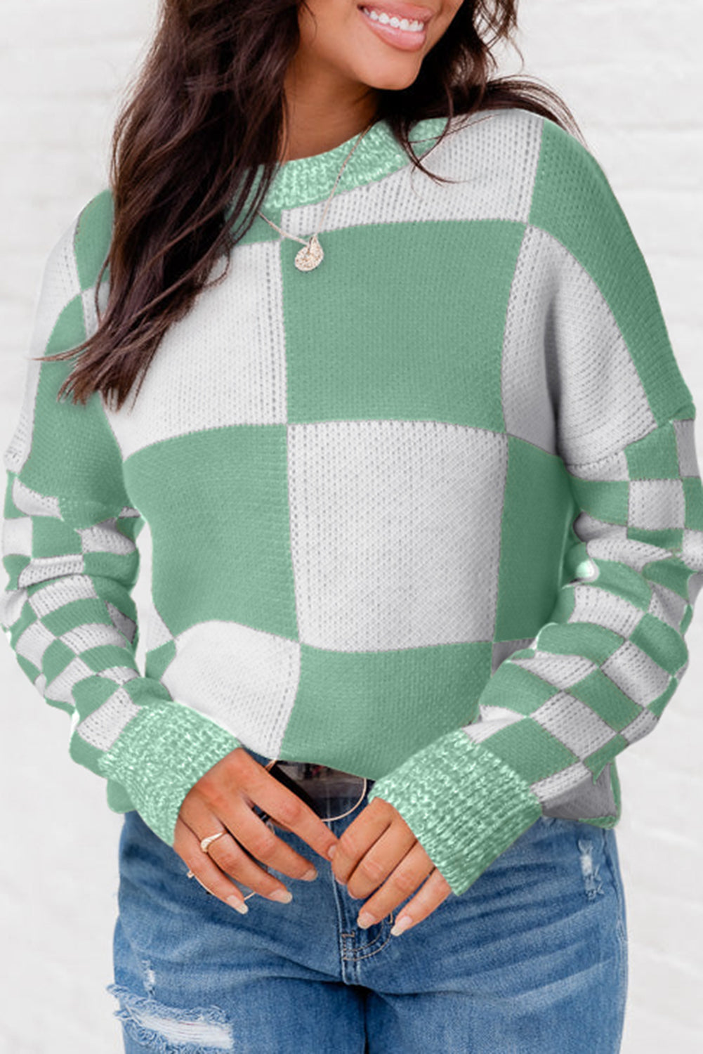 Mint Green Sweater met een stijlen en schoudertassen