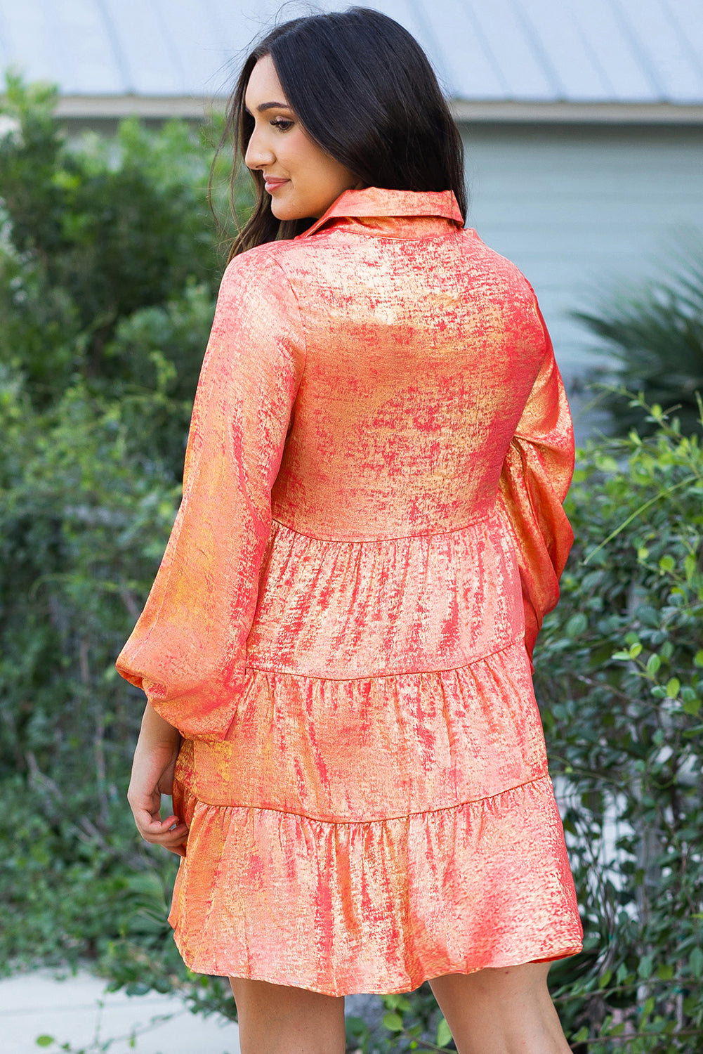 Peach Blossom Metallic Sheen puff mouwen knopen mini -shirtjurk