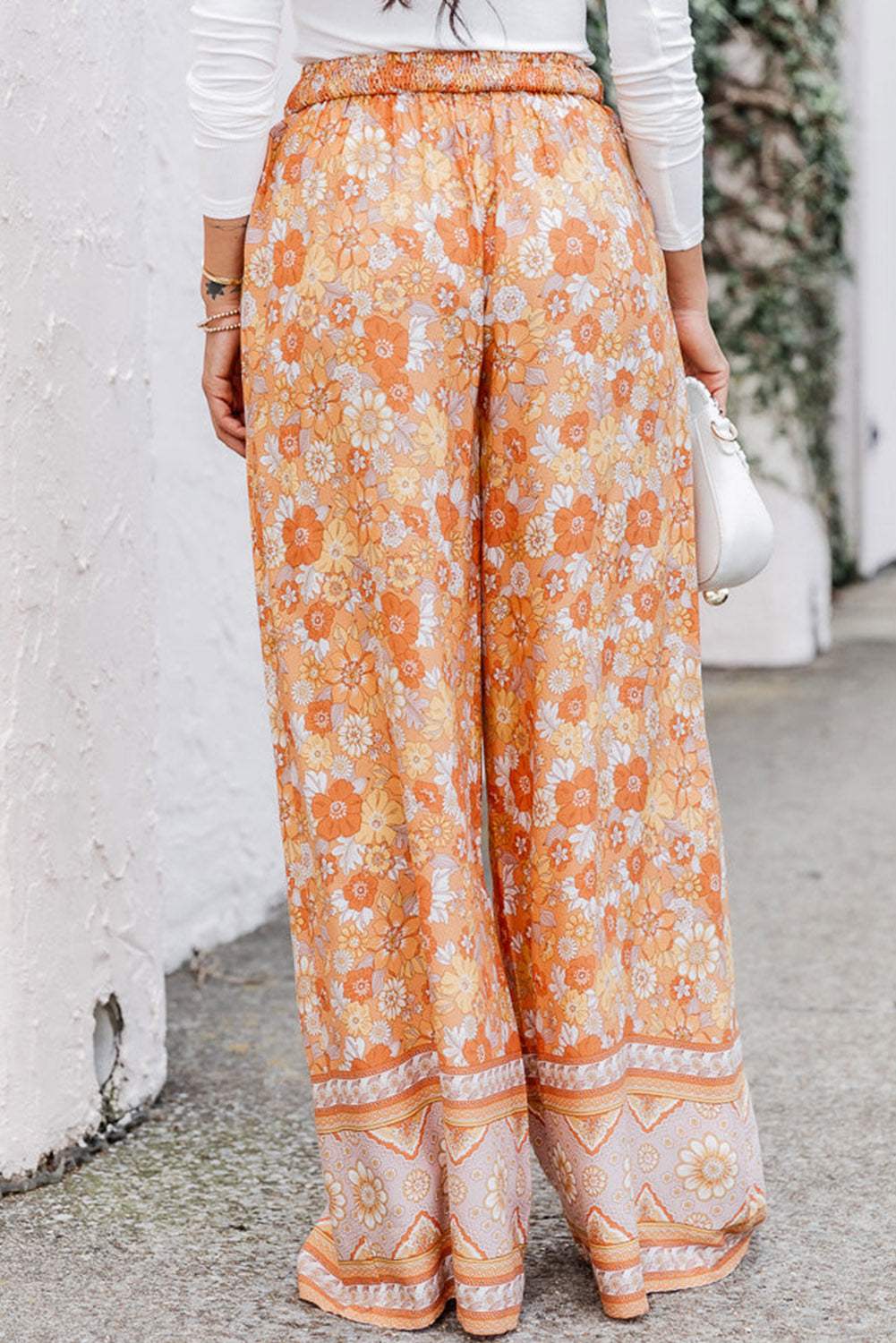 Grapefruit orange krawatte taille boho floral wide leg hose