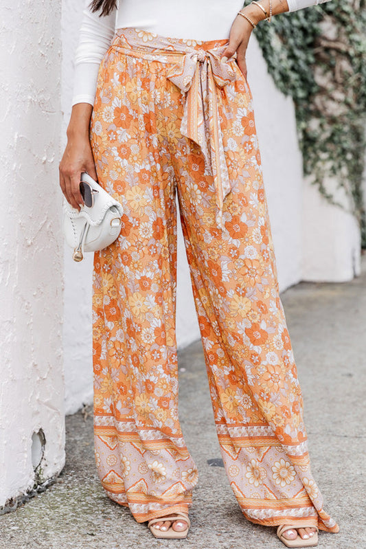 Grapefruit orange krawatte taille boho floral wide leg hose