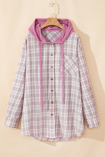 Bonbon plaid druck kordelzug mit kapuze button-up plus größe shirt