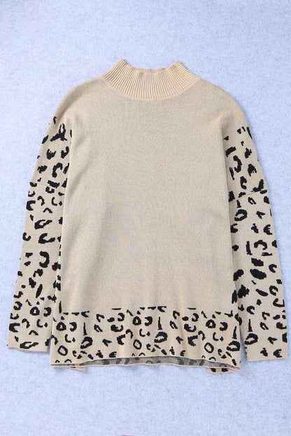 Khaki leopard pullover mit hohem halsausschnitt und seitenschlitz in übergröße