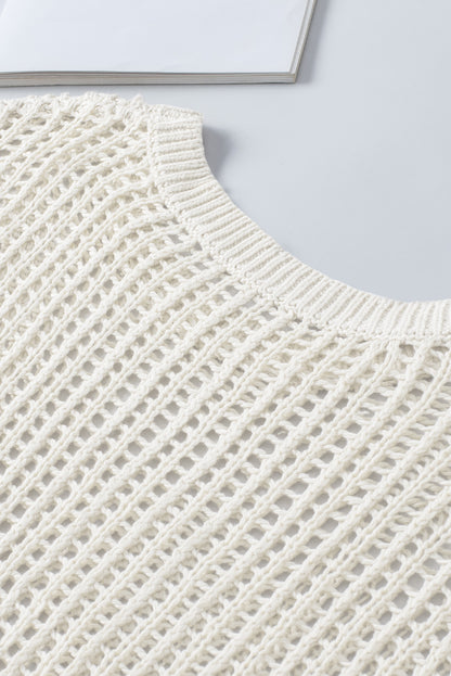 Whit fishnet knit ribbed runde hals kurzarm pullover tee