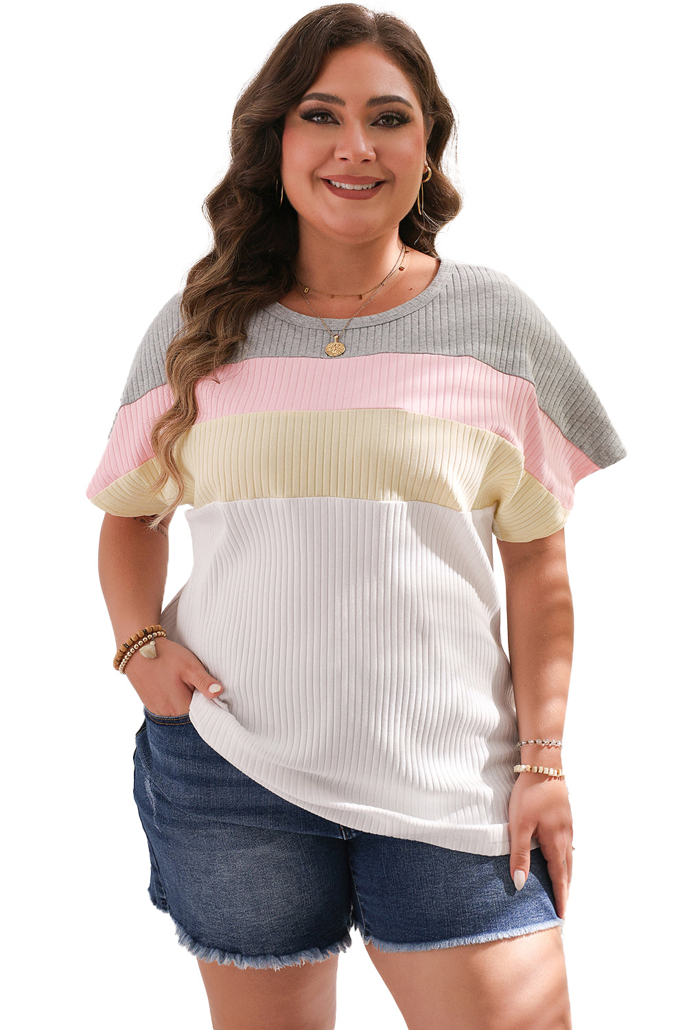 Weißes colorblock-patchwork-shirt mit gerippten batwing-ärmeln plus-t-shirt