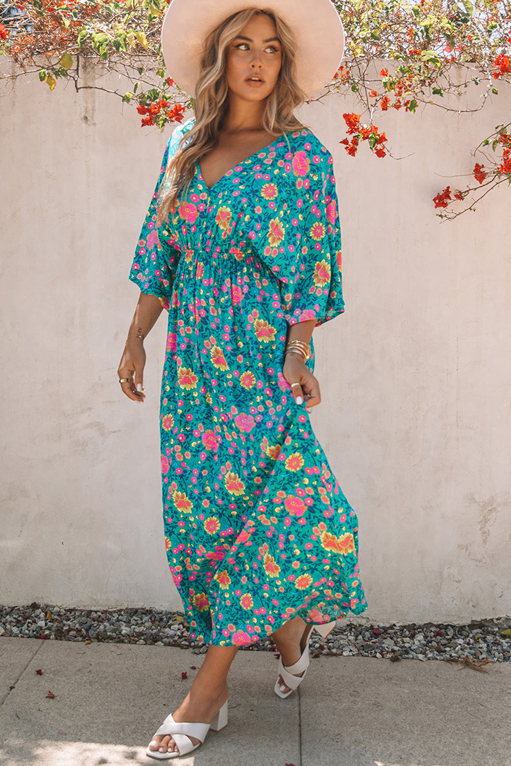 Green Boho Maxikleid met een diep V-hals en bloempatroon