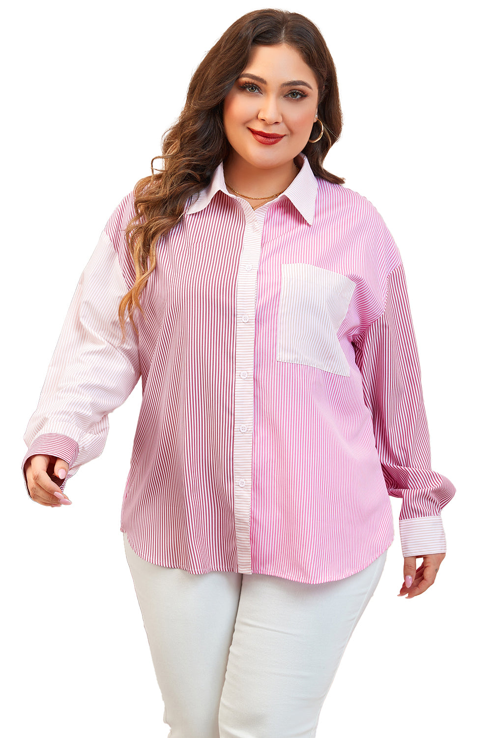 Rosa streifendruck colorblock plus size shirt