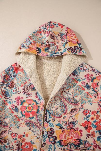 Beige vintage paisley floral gedruckt sherpa gefüttert jacke mit kapuze