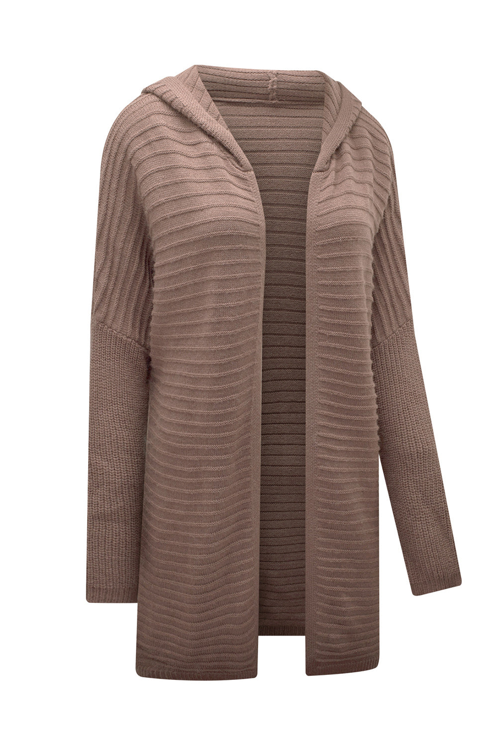 Brauner horizontaler rippenstrick cardigan mit offener kapuze