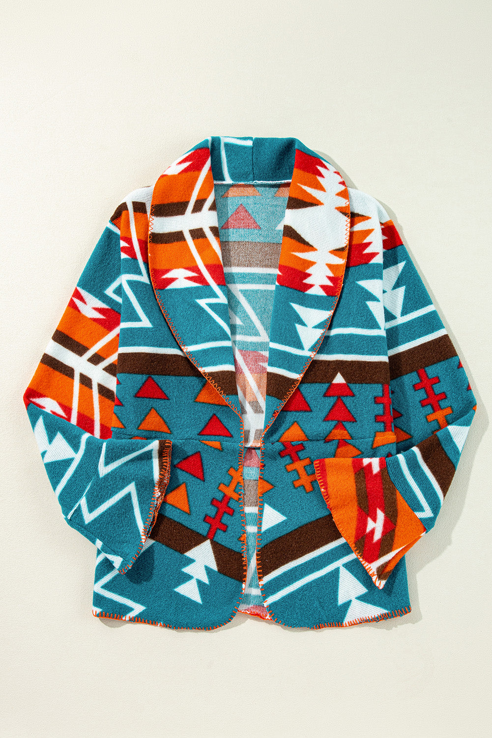 Himmelblaue aztekisch bedruckte revers-glockenärmel-jacke