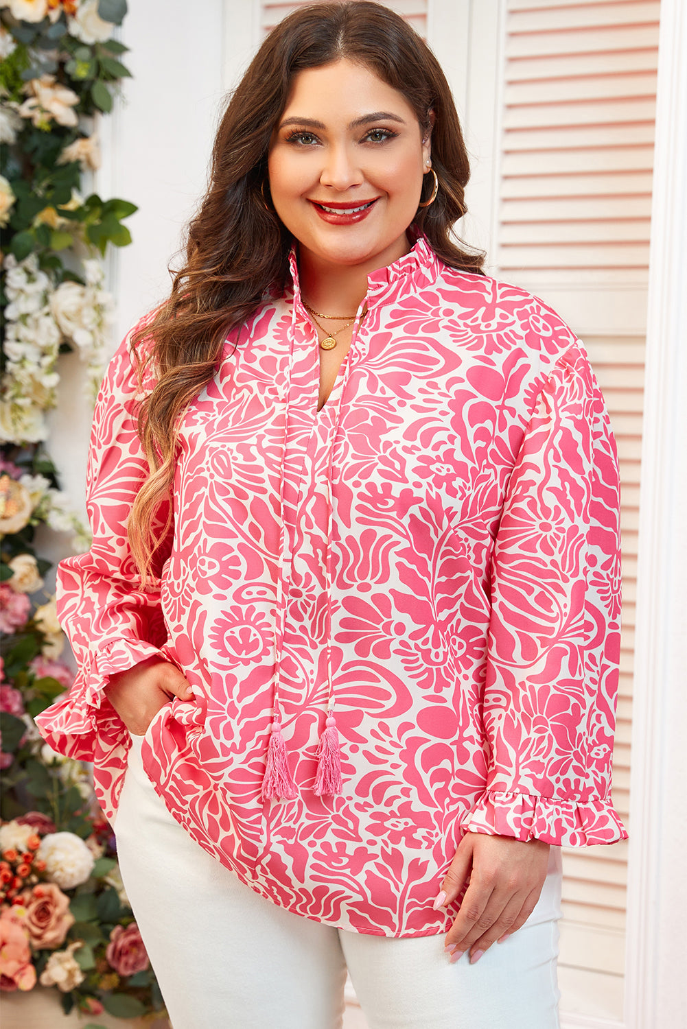 Rosa plus size floral print rüschenausschnitt puffärmel top