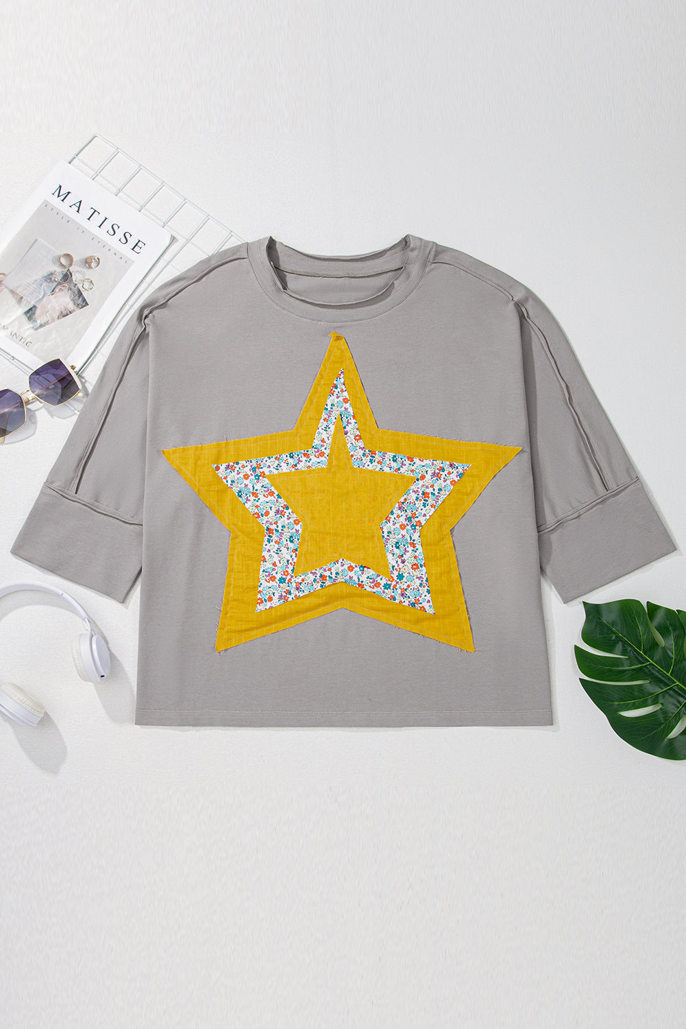 Medium grey floral star patched pattern 3/4 ärmel plus größe top