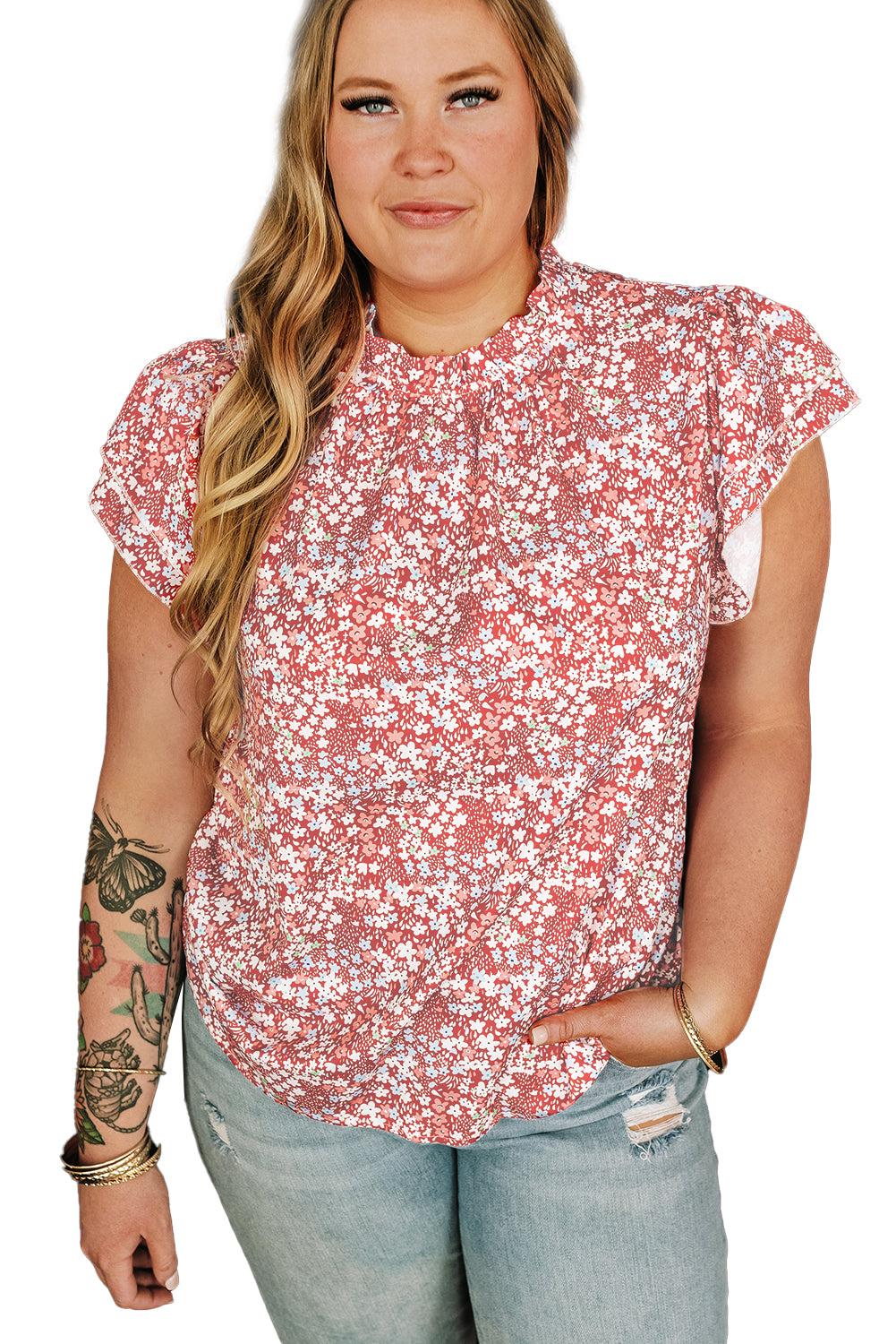 Rosa plus größe floral print gerafften ärmeln gekräuselten hals bluse