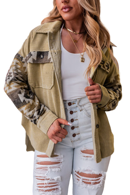 Khaki aztekenmuster patchwork ausgefranste kordjacke