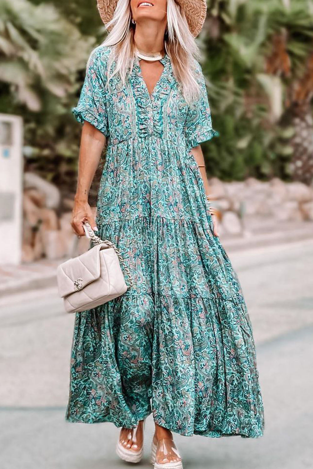 Himmelblaues paisley print boho holiday ruffle tiered maxi dress