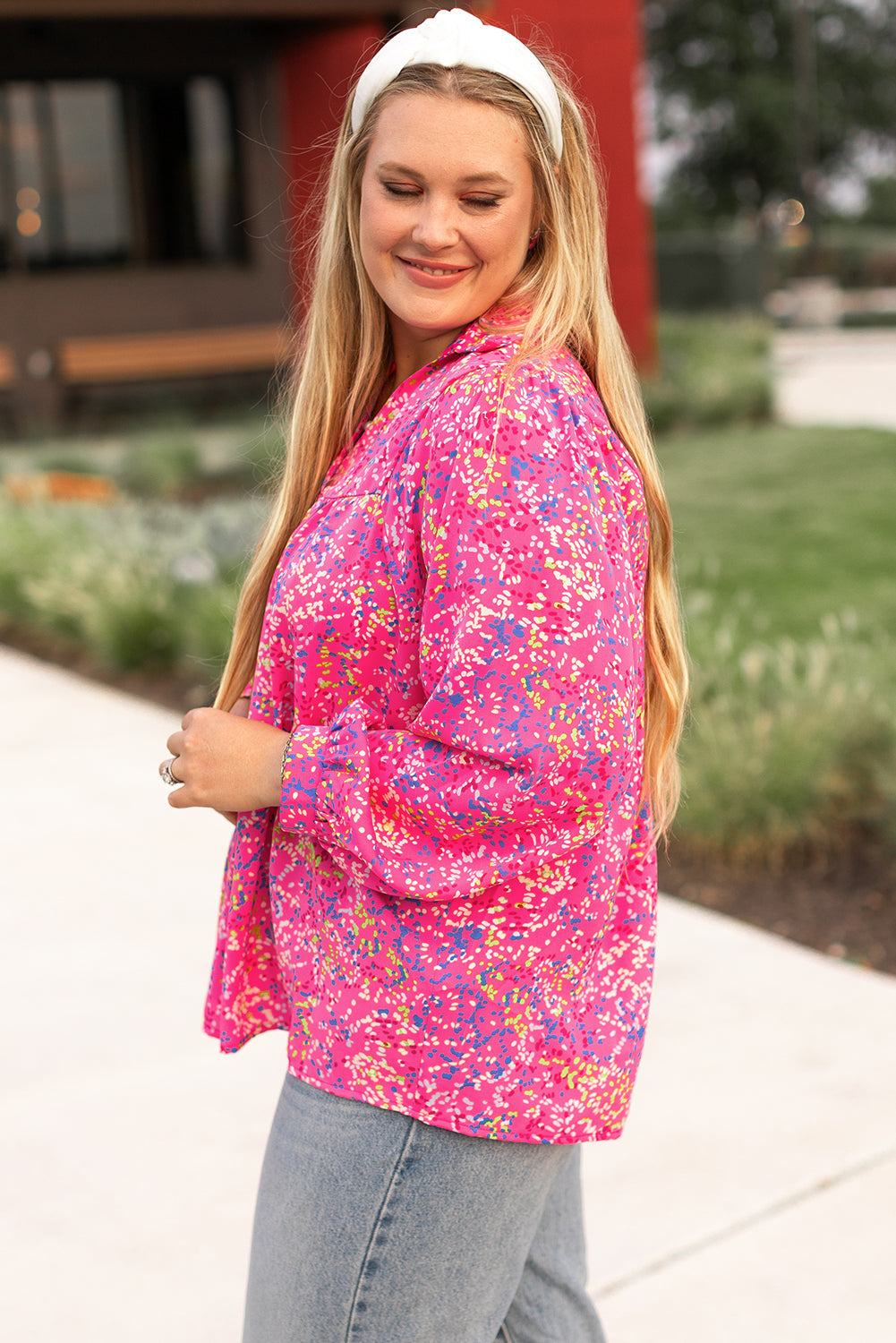 Lila plus größe floral print puffärmel v hals bluse