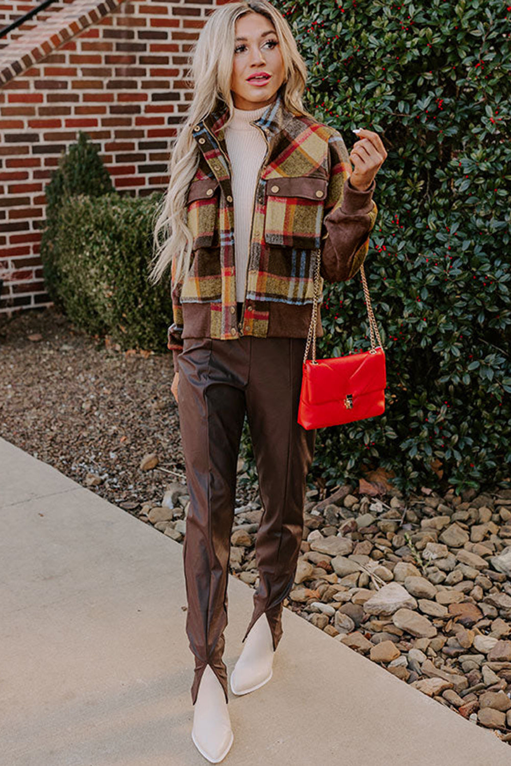 Brown plaid print brusttaschen knopf reißverschluss stehkragen jacke