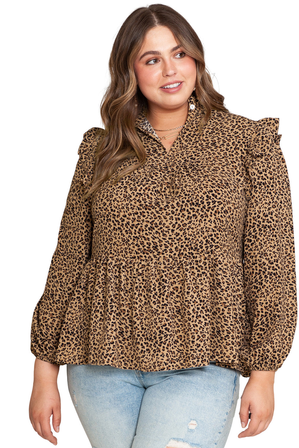 Leopard rüschen schulter dekor plus größe babydoll top