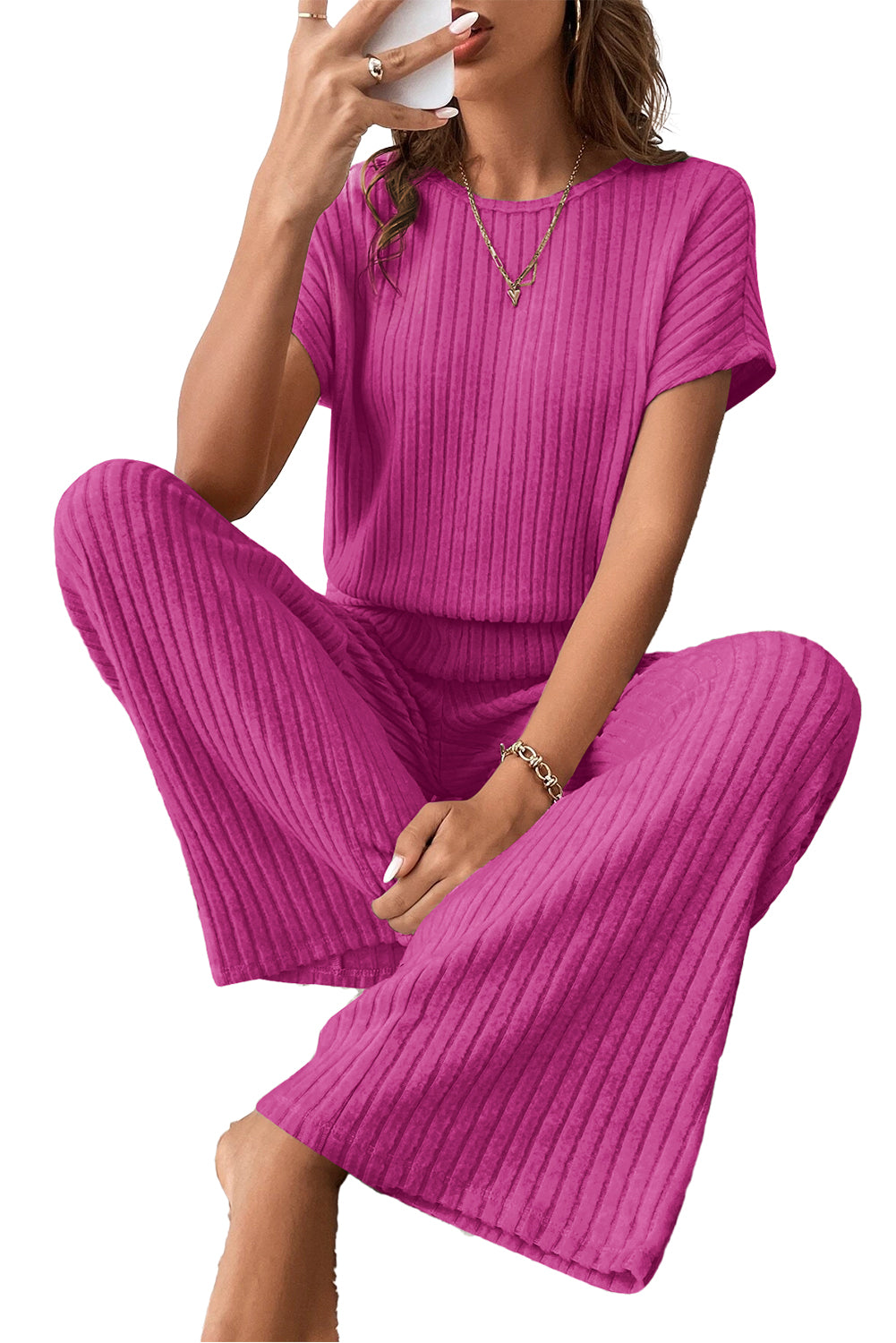 Roze rood vol -tone kleurribben kort -zoves wide been jumpsuit