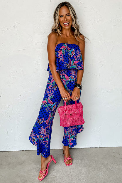 Blue Mix Tropical Print Service verwezen jumpsuit