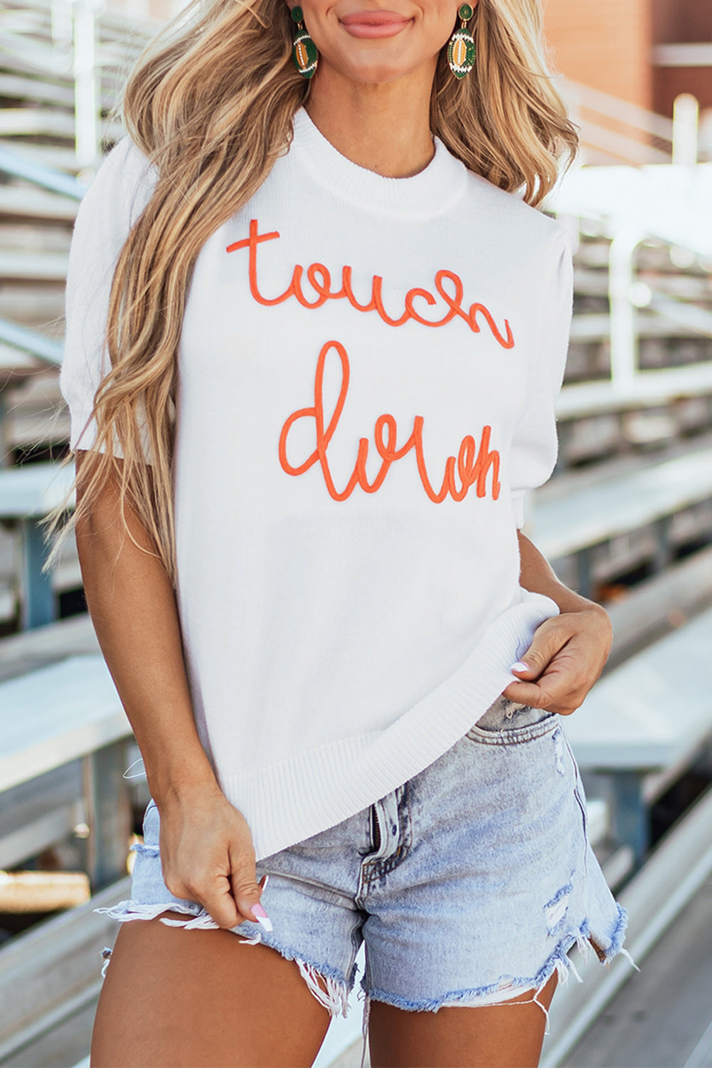 Weißer touchdown tinsel puff short sleeve rundhalsausschnitt pullover