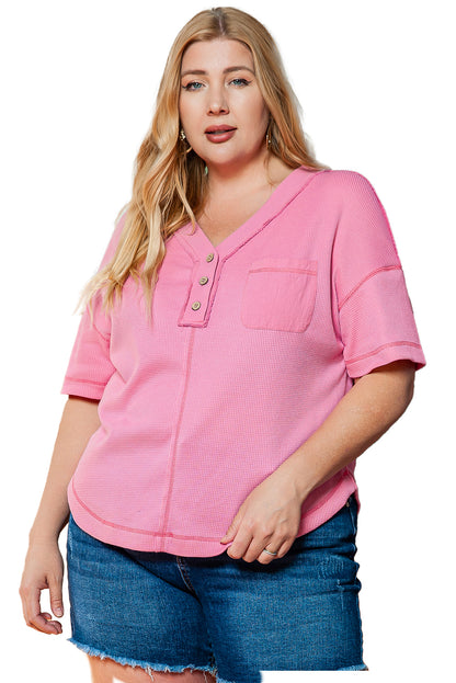 Rosa plus größe waffel stricken freiliegende naht v hals henley t-shirt