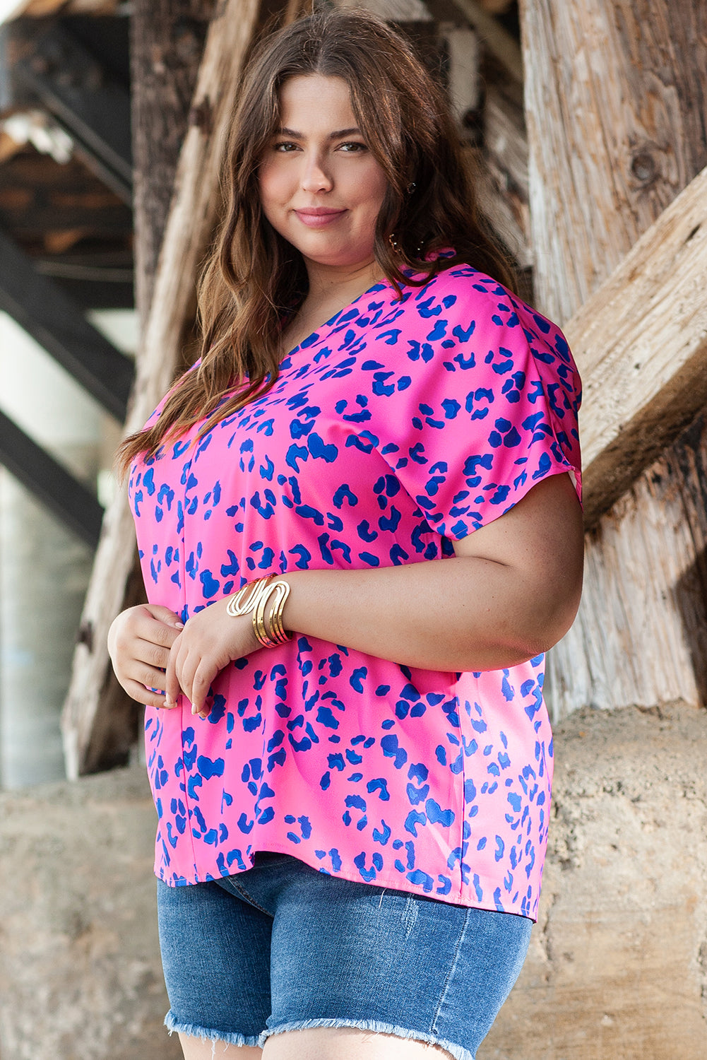 Rose contrast leopard print plus size v-ausschnitt bluse