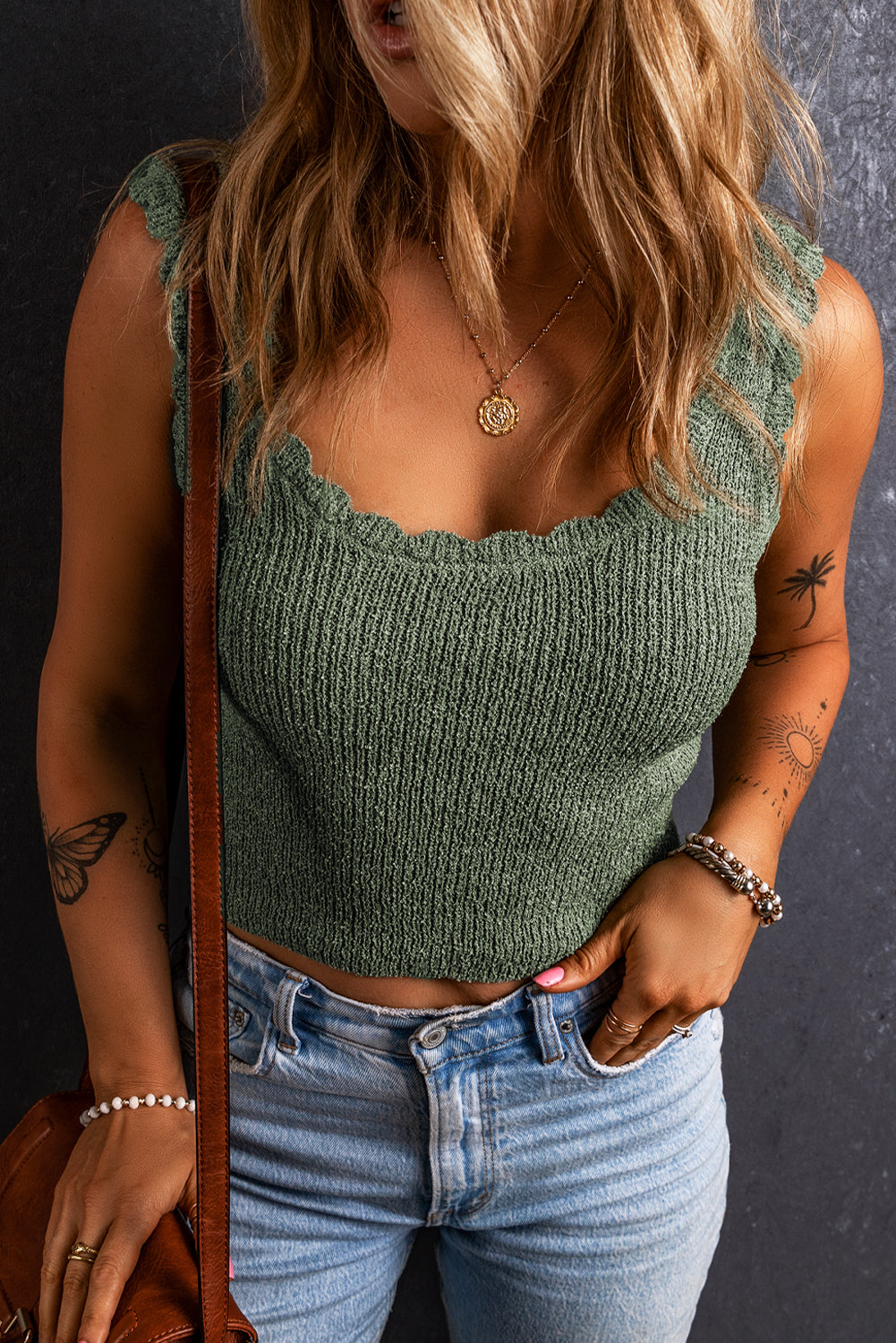 Mist Green U Nek Scallop Trim Sweater Vest