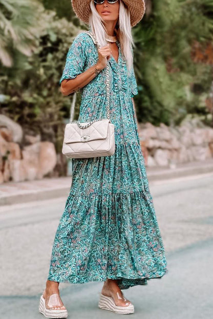 Himmelblaues paisley print boho holiday ruffle tiered maxi dress