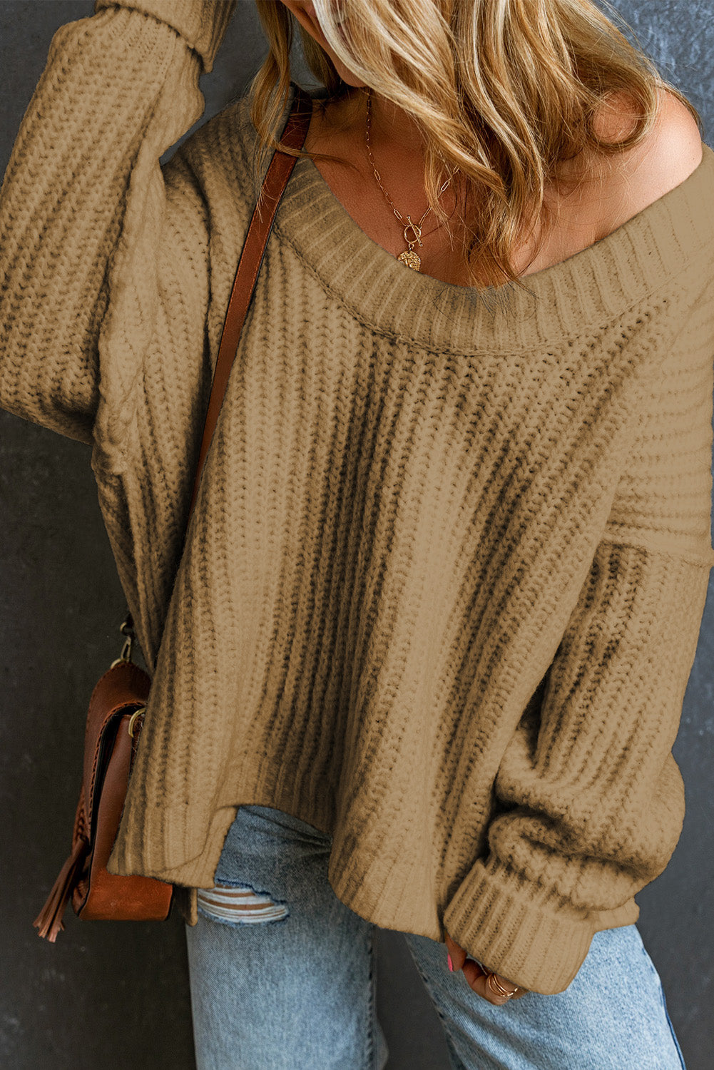 Khaki rippenstrick rundhalsausschnitt slouchy chunky pullover