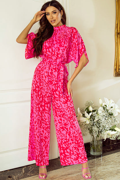 Roze luipaard losse mouwgordel met een wide been jumpsuit