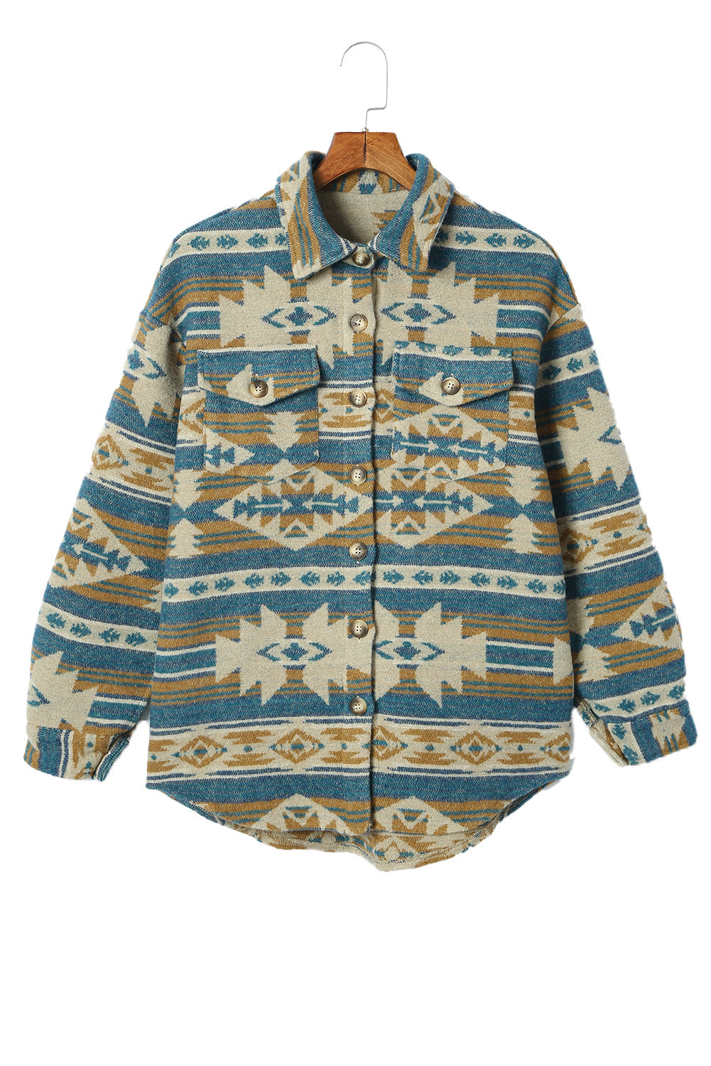 Blaue western aztec print knopfleiste mit klappe tasche jacke