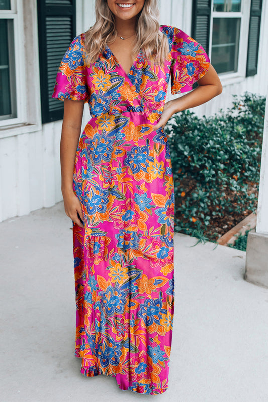 Rose wrap v neck floral maxikleid