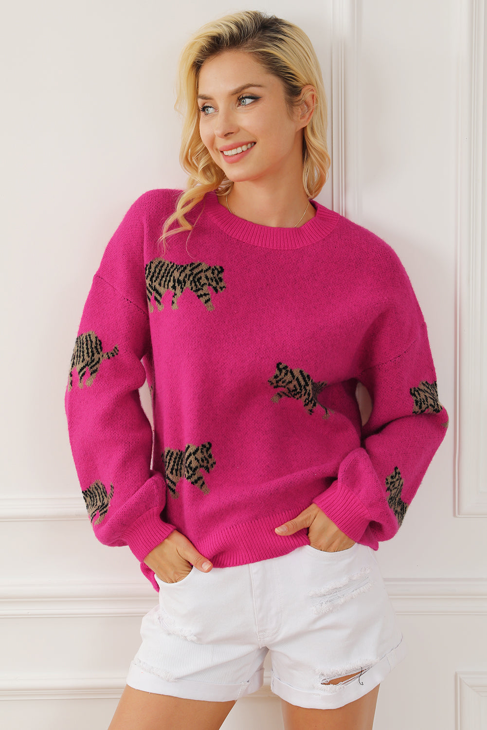 Rose Red Fierce Animal Pattern Casual Sweater gebreid