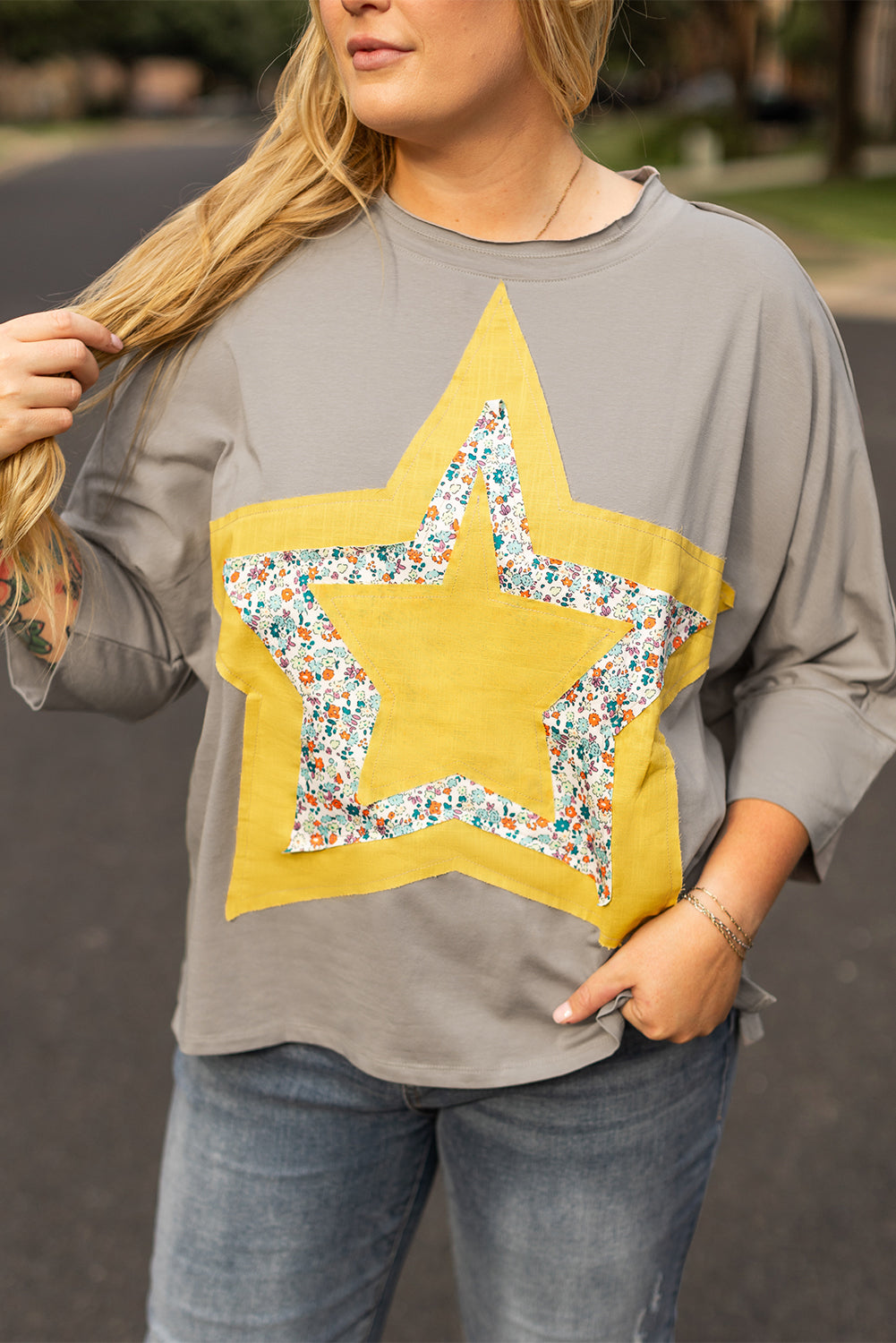 Medium grey floral star patched pattern 3/4 ärmel plus größe top