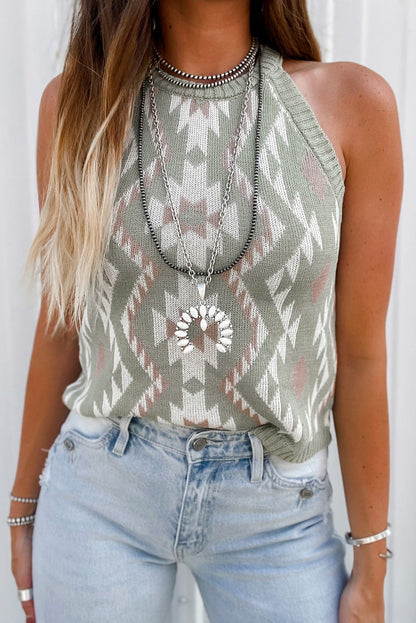 Laurel Green Western Tribal Aztec Pattern Sweater Tank Knit