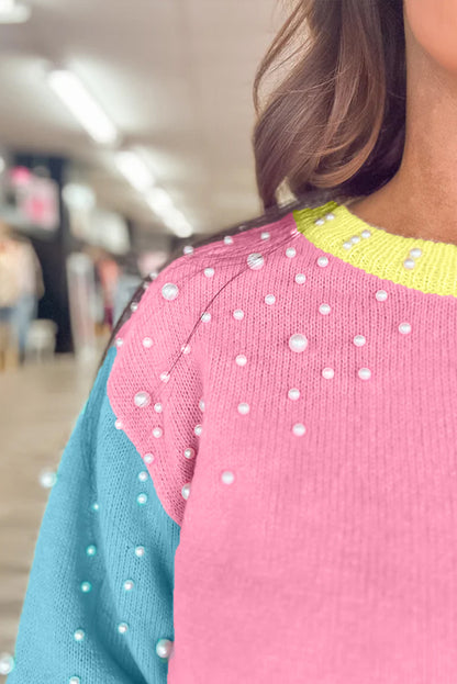 Rose Red Color Block Sweater met een ronde halslijn en halve mouwen met parels