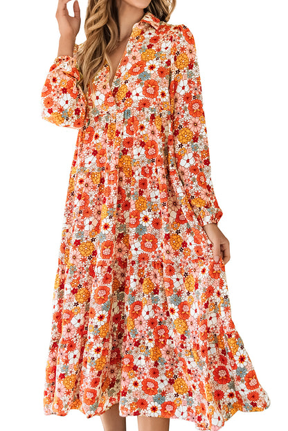 Multicolor Boho Floral Collared Long -Sleeveved, Roted Dress