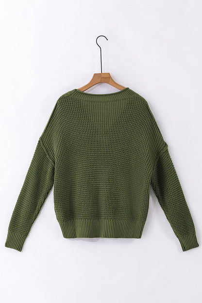 Pickle grüner pointelle strickpullover mit v-ausschnitt und tropfenschulter