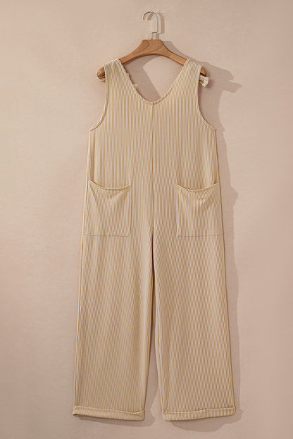 Perkament gekleurde koordriemdrager v-neck een wide been jumpsuit