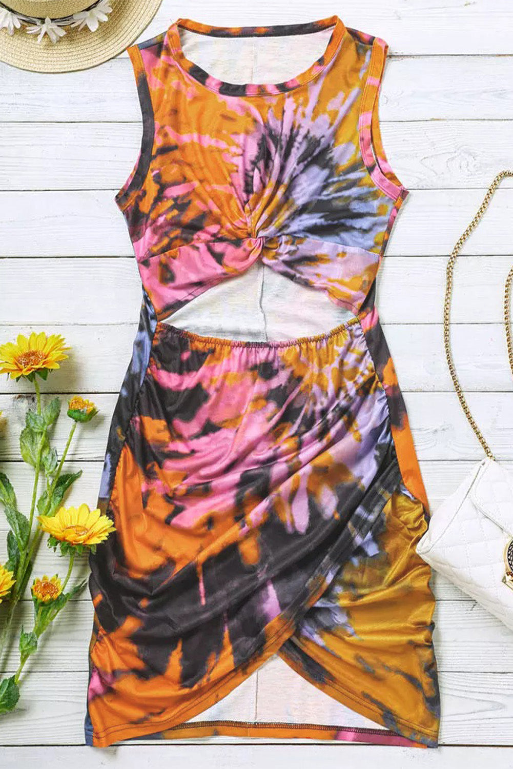 Multi-colour tie-dye print holle out Twist bodycon mini-jurk