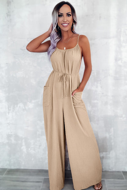 Abrikoos spaghetti strap taille taille tie wide been jumpsuit met zakken