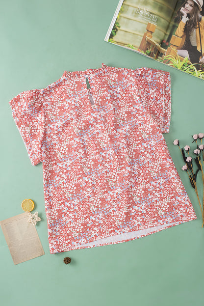 Rosa plus größe floral print gerafften ärmeln gekräuselten hals bluse