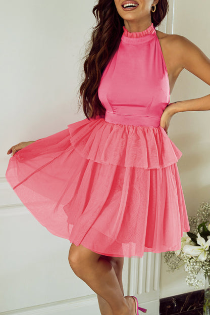 Strawberry pink gauze ruffle tiered knotted halter kleid