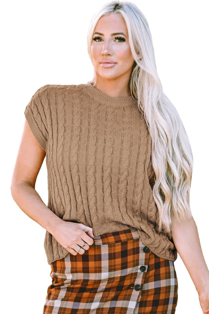 Light french beige rundhalsausschnitt kabelstrickpullover mit kurzen ärmeln