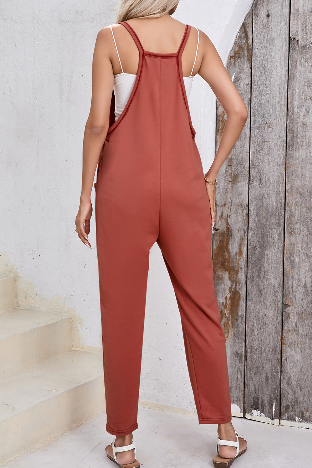 Gouden vlam zijzakken harembroeken mouwloze v-hals jumpsuit