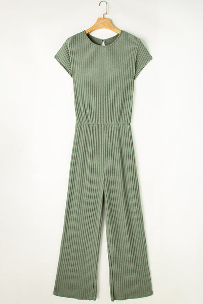 Gras -Green vaste kleur geribbeld kort -zoven wide been jumpsuit